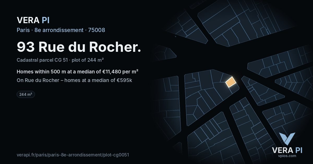 93 Rue du Rocher, 8e arrondissement at night – the plot lit, the parcels around coloured by the prices near them