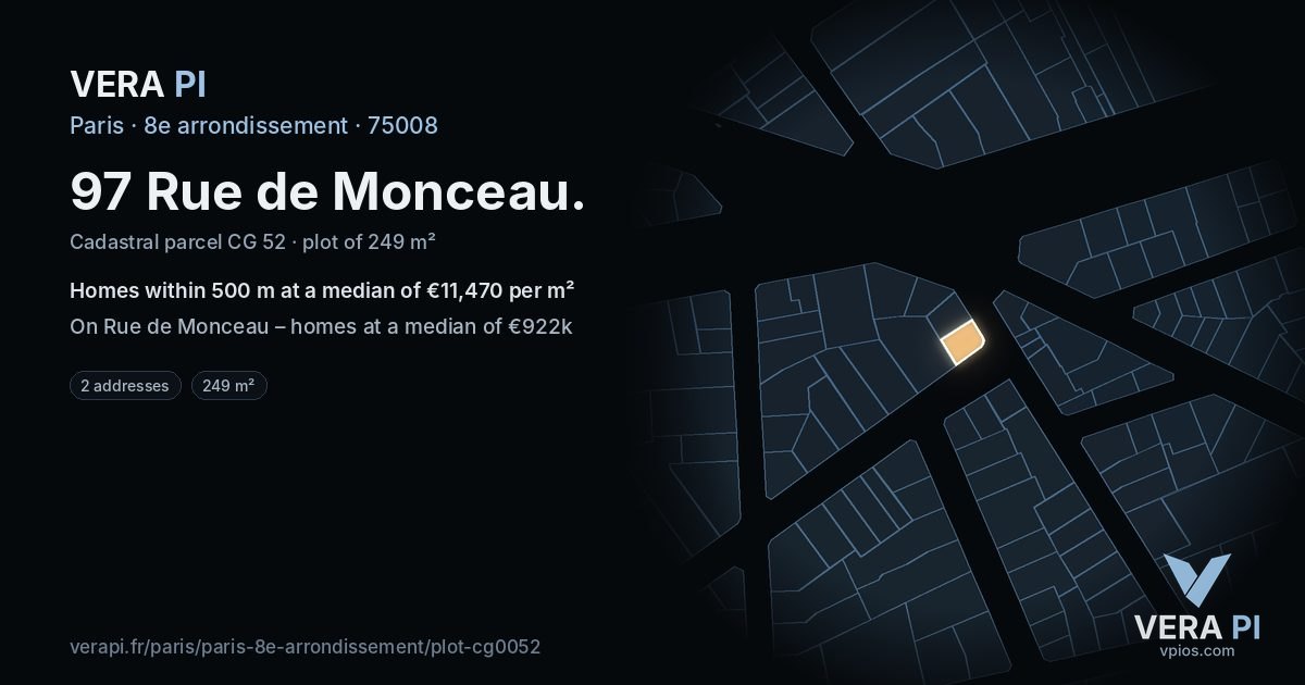 97 Rue de Monceau, 8e arrondissement at night – the plot lit, the parcels around coloured by the prices near them