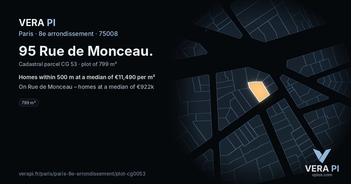 95 Rue de Monceau, 8e arrondissement at night – the plot lit, the parcels around coloured by the prices near them