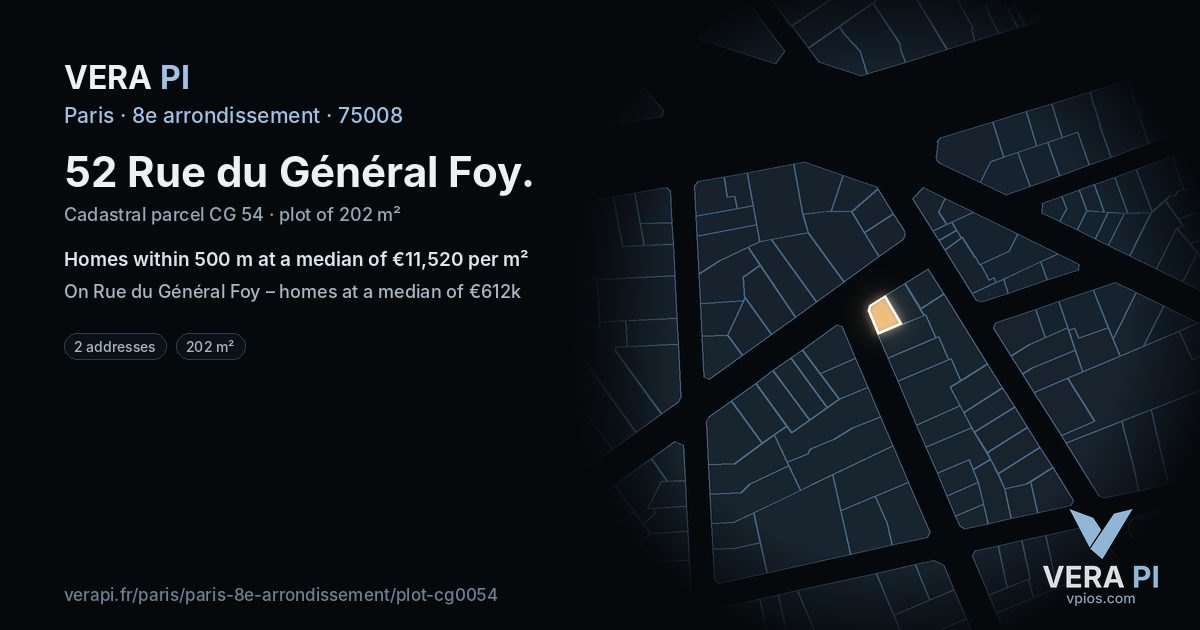 52 Rue du Général Foy, 8e arrondissement at night – the plot lit, the parcels around coloured by the prices near them