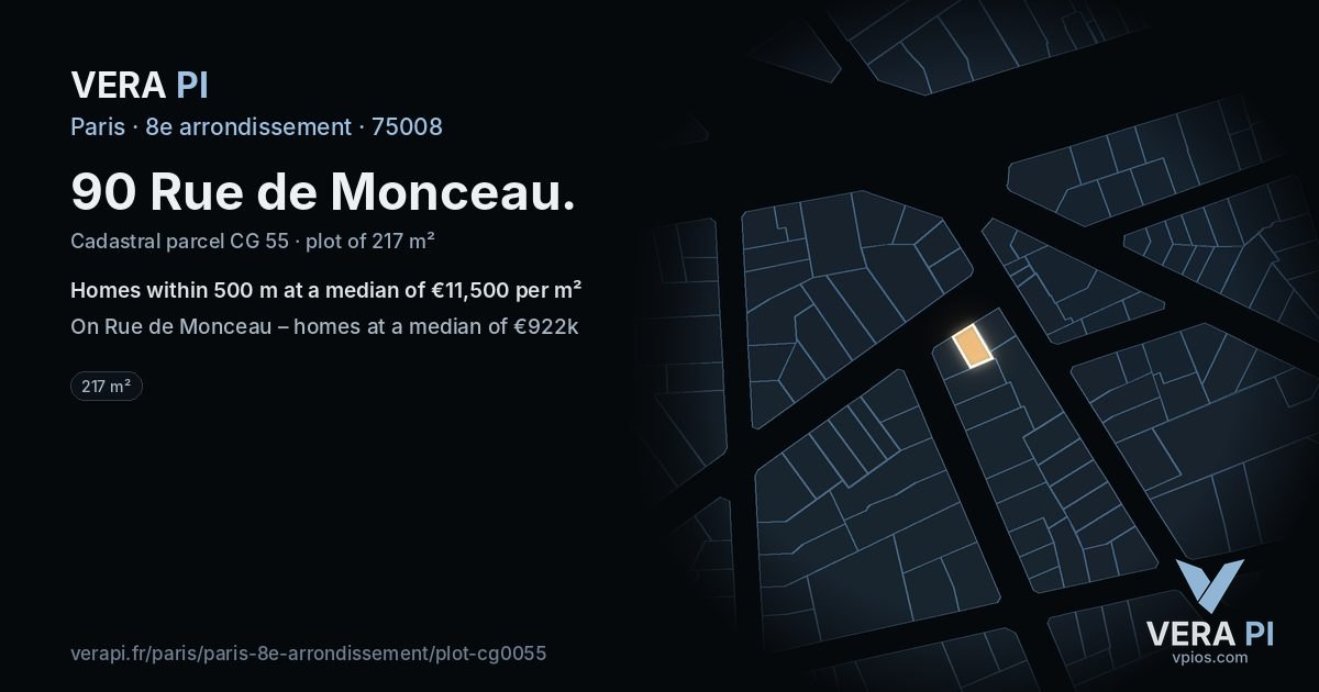 90 Rue de Monceau, 8e arrondissement at night – the plot lit, the parcels around coloured by the prices near them