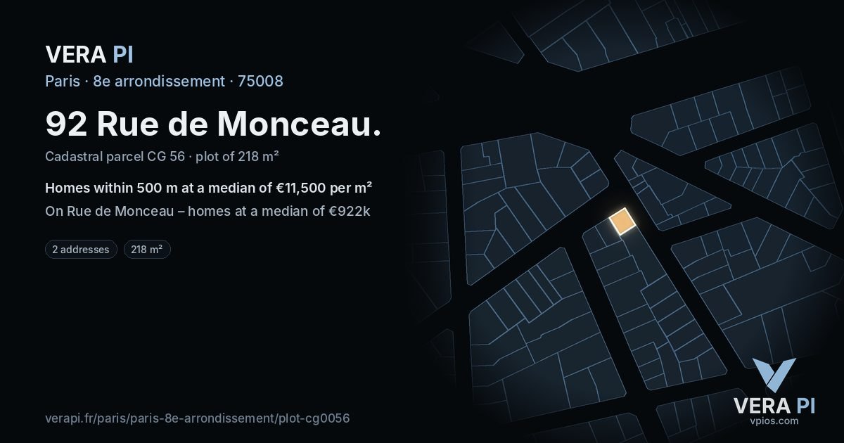 92 Rue de Monceau, 8e arrondissement at night – the plot lit, the parcels around coloured by the prices near them