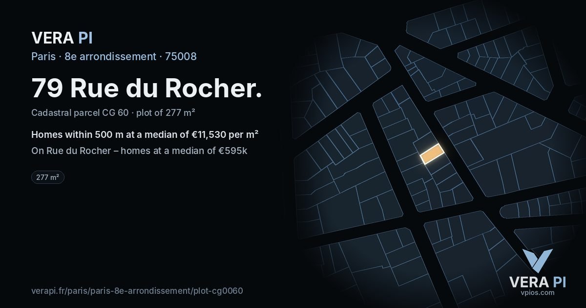 79 Rue du Rocher, 8e arrondissement at night – the plot lit, the parcels around coloured by the prices near them