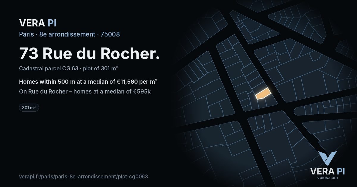 73 Rue du Rocher, 8e arrondissement at night – the plot lit, the parcels around coloured by the prices near them