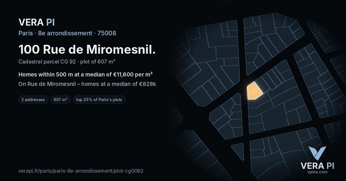 100 Rue de Miromesnil, 8e arrondissement at night – the plot lit, the parcels around coloured by the prices near them