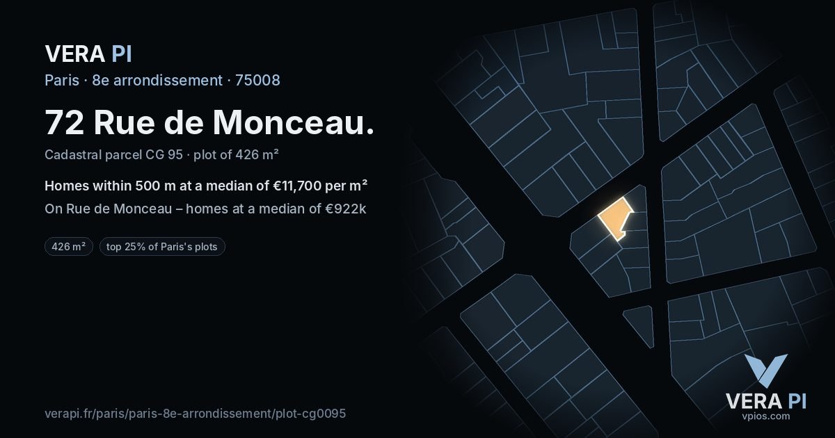72 Rue de Monceau, 8e arrondissement at night – the plot lit, the parcels around coloured by the prices near them