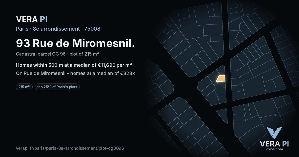 93 Rue de Miromesnil, 8e arrondissement at night – the plot lit, the parcels around coloured by the prices near them