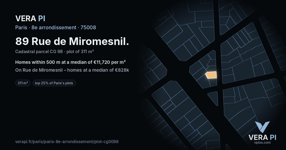 89 Rue de Miromesnil, 8e arrondissement at night – the plot lit, the parcels around coloured by the prices near them