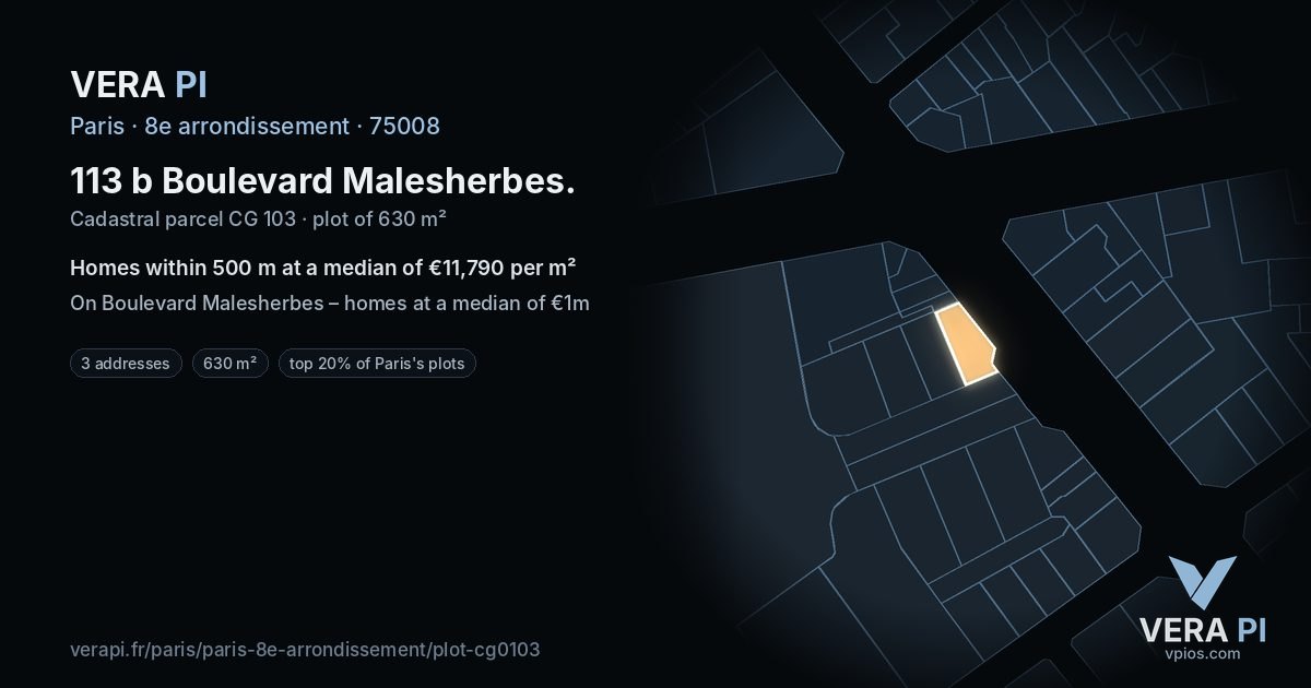 113 b Boulevard Malesherbes, 8e arrondissement at night – the plot lit, the parcels around coloured by the prices near them