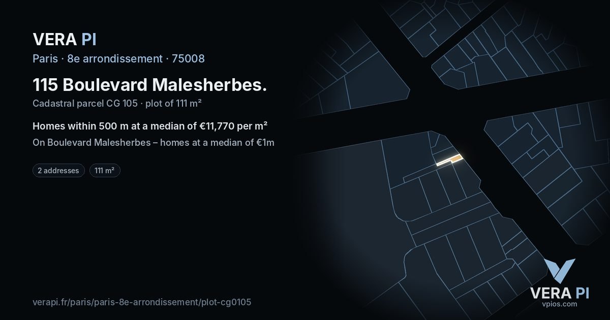 115 Boulevard Malesherbes, 8e arrondissement at night – the plot lit, the parcels around coloured by the prices near them