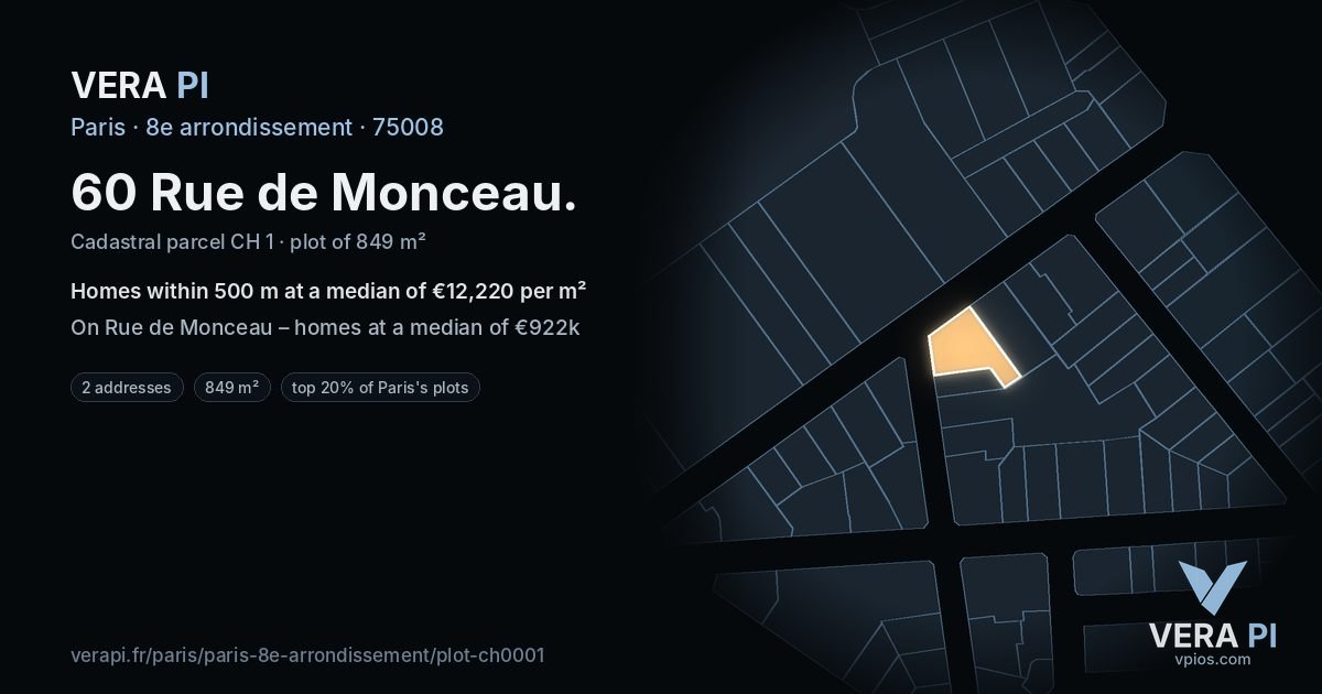 60 Rue de Monceau, 8e arrondissement at night – the plot lit, the parcels around coloured by the prices near them