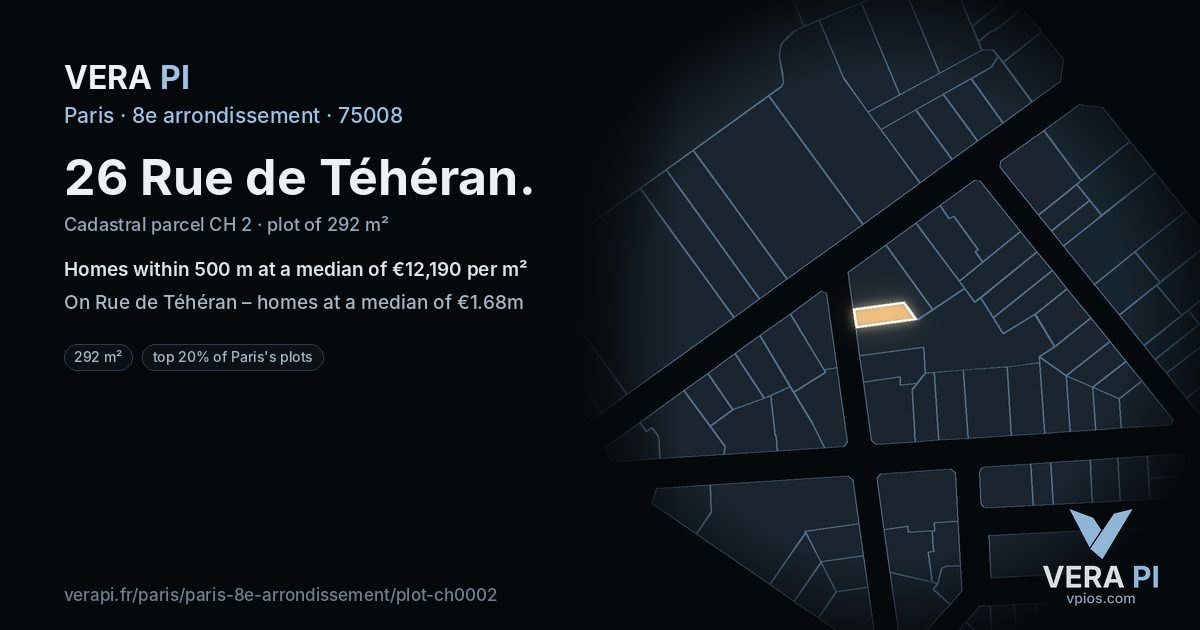 26 Rue de Téhéran, 8e arrondissement at night – the plot lit, the parcels around coloured by the prices near them