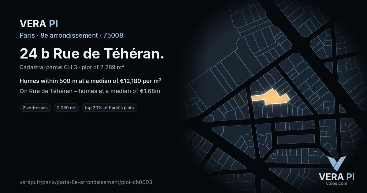 24 b Rue de Téhéran, 8e arrondissement at night – the plot lit, the parcels around coloured by the prices near them