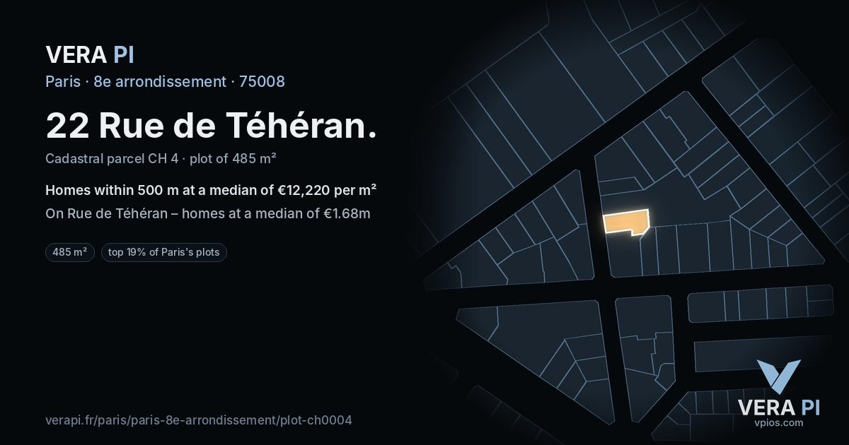 22 Rue de Téhéran, 8e arrondissement at night – the plot lit, the parcels around coloured by the prices near them