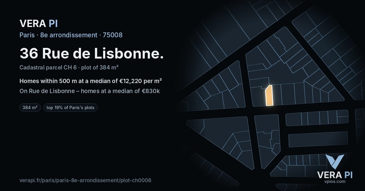 36 Rue de Lisbonne, 8e arrondissement at night – the plot lit, the parcels around coloured by the prices near them