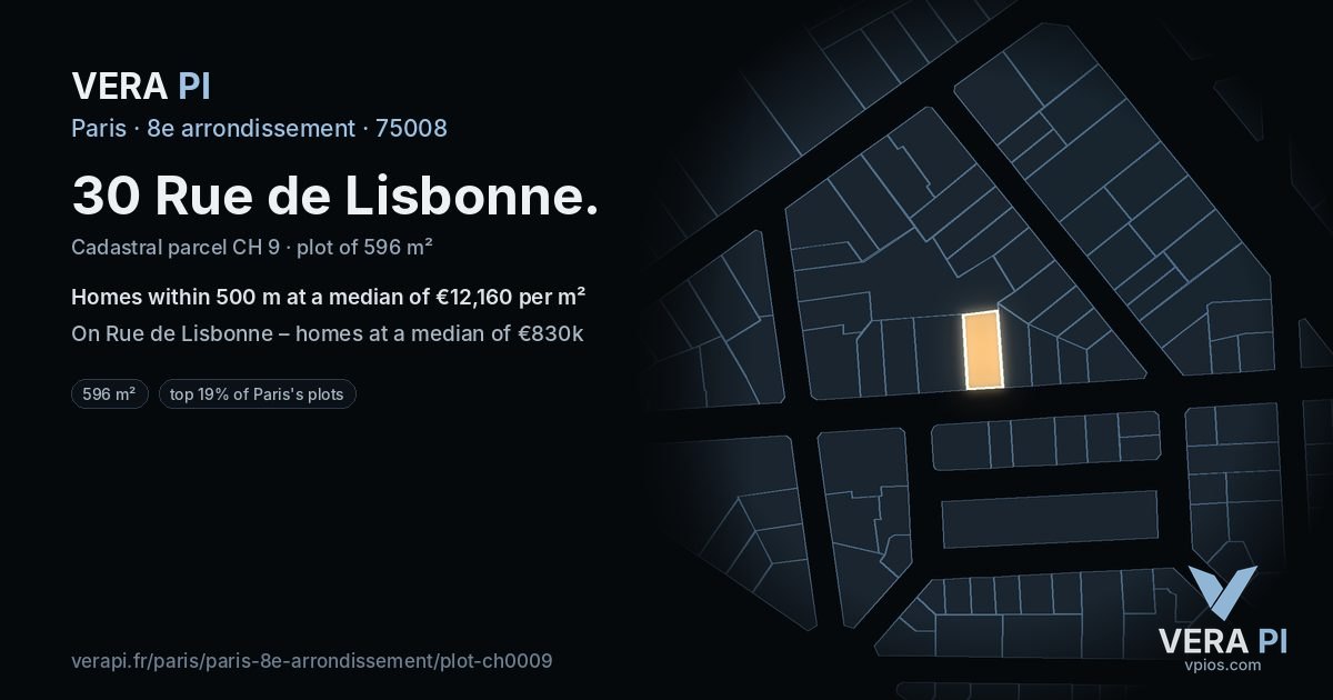 30 Rue de Lisbonne, 8e arrondissement at night – the plot lit, the parcels around coloured by the prices near them