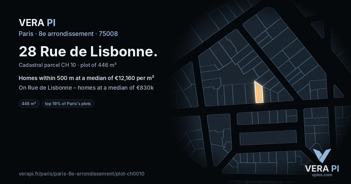 28 Rue de Lisbonne, 8e arrondissement at night – the plot lit, the parcels around coloured by the prices near them
