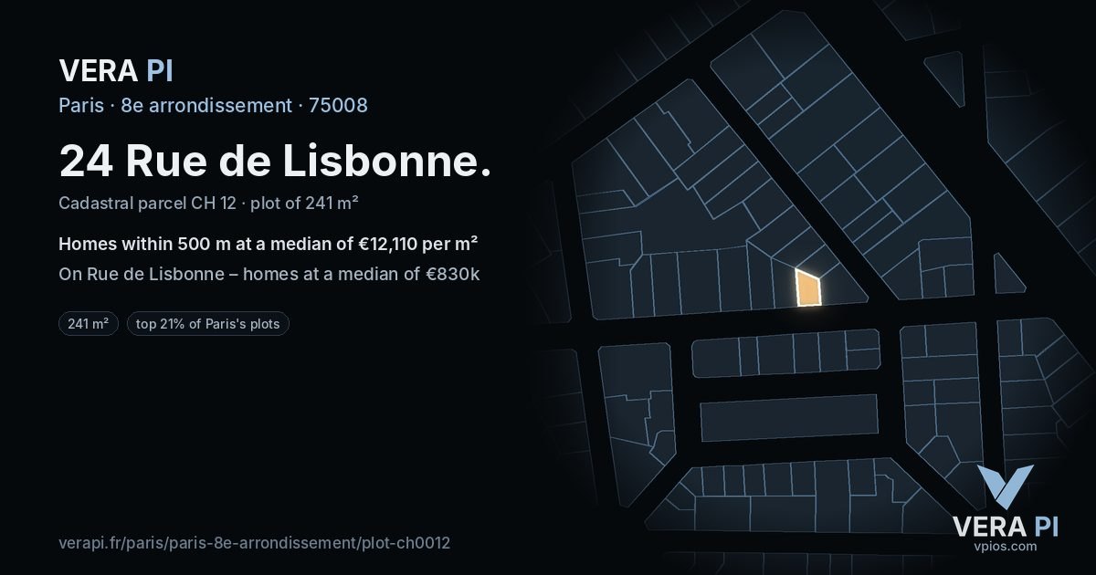 24 Rue de Lisbonne, 8e arrondissement at night – the plot lit, the parcels around coloured by the prices near them
