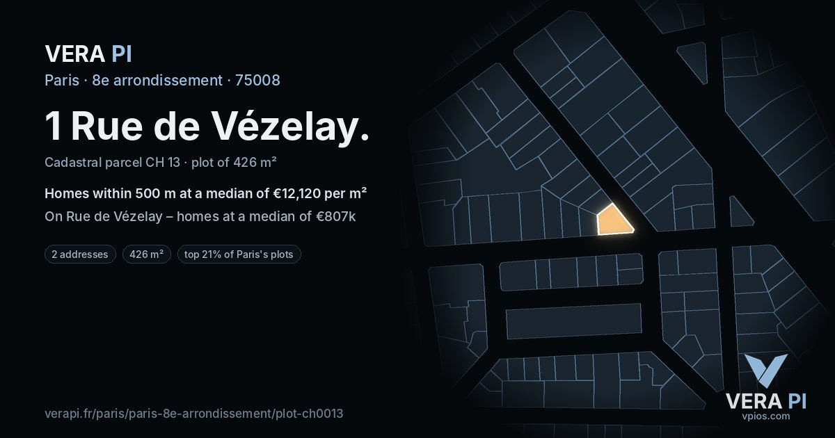 1 Rue de Vézelay, 8e arrondissement at night – the plot lit, the parcels around coloured by the prices near them