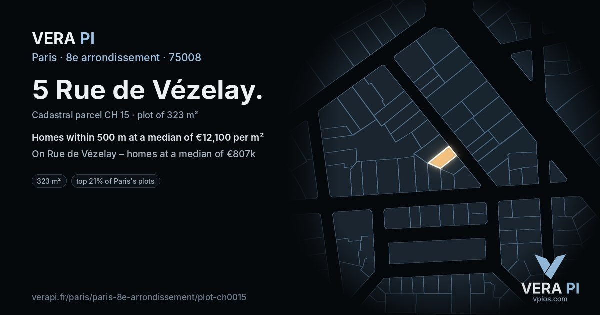 5 Rue de Vézelay, 8e arrondissement at night – the plot lit, the parcels around coloured by the prices near them