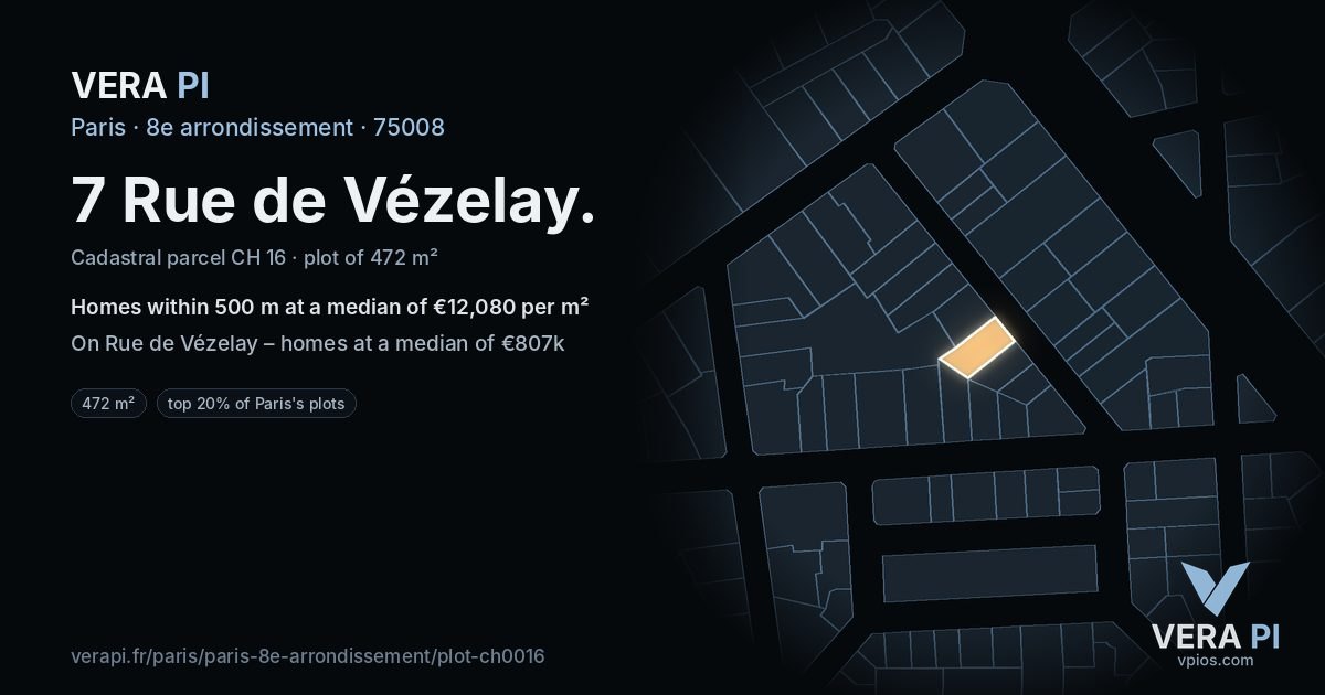 7 Rue de Vézelay, 8e arrondissement at night – the plot lit, the parcels around coloured by the prices near them