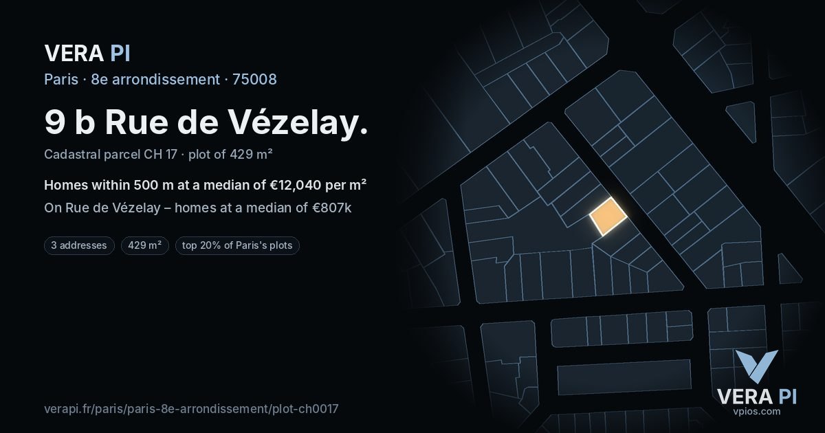 9 b Rue de Vézelay, 8e arrondissement at night – the plot lit, the parcels around coloured by the prices near them
