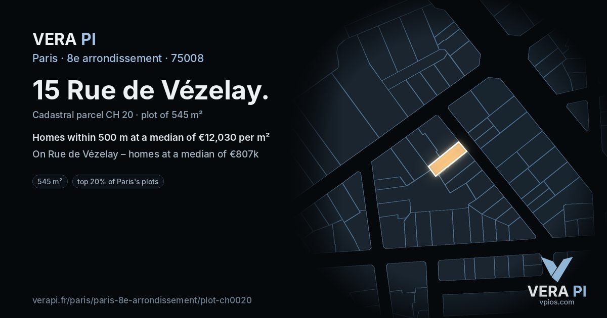 15 Rue de Vézelay, 8e arrondissement at night – the plot lit, the parcels around coloured by the prices near them