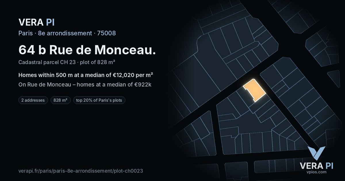 64 b Rue de Monceau, 8e arrondissement at night – the plot lit, the parcels around coloured by the prices near them
