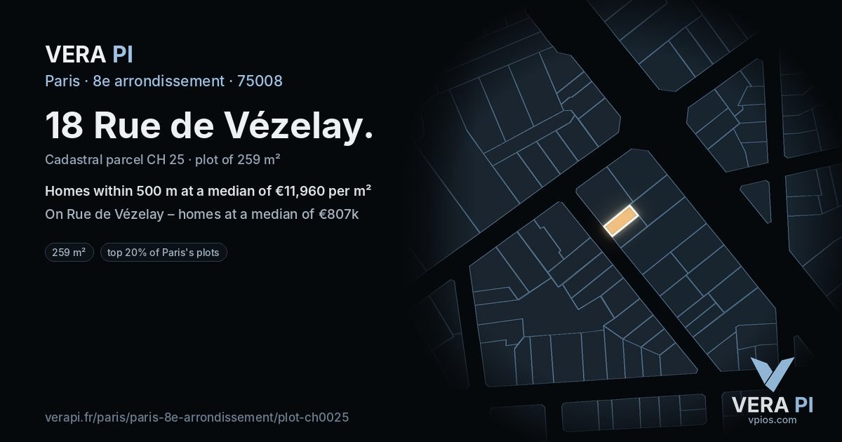 18 Rue de Vézelay, 8e arrondissement at night – the plot lit, the parcels around coloured by the prices near them