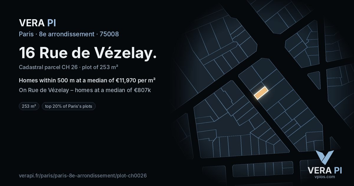 16 Rue de Vézelay, 8e arrondissement at night – the plot lit, the parcels around coloured by the prices near them