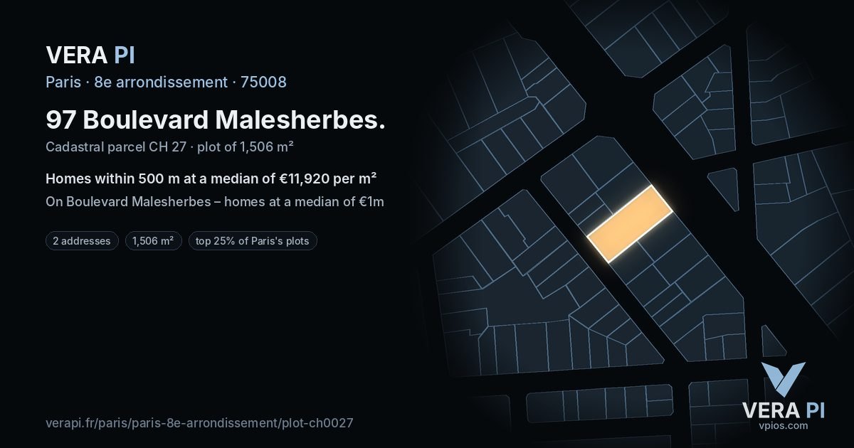 97 Boulevard Malesherbes, 8e arrondissement at night – the plot lit, the parcels around coloured by the prices near them