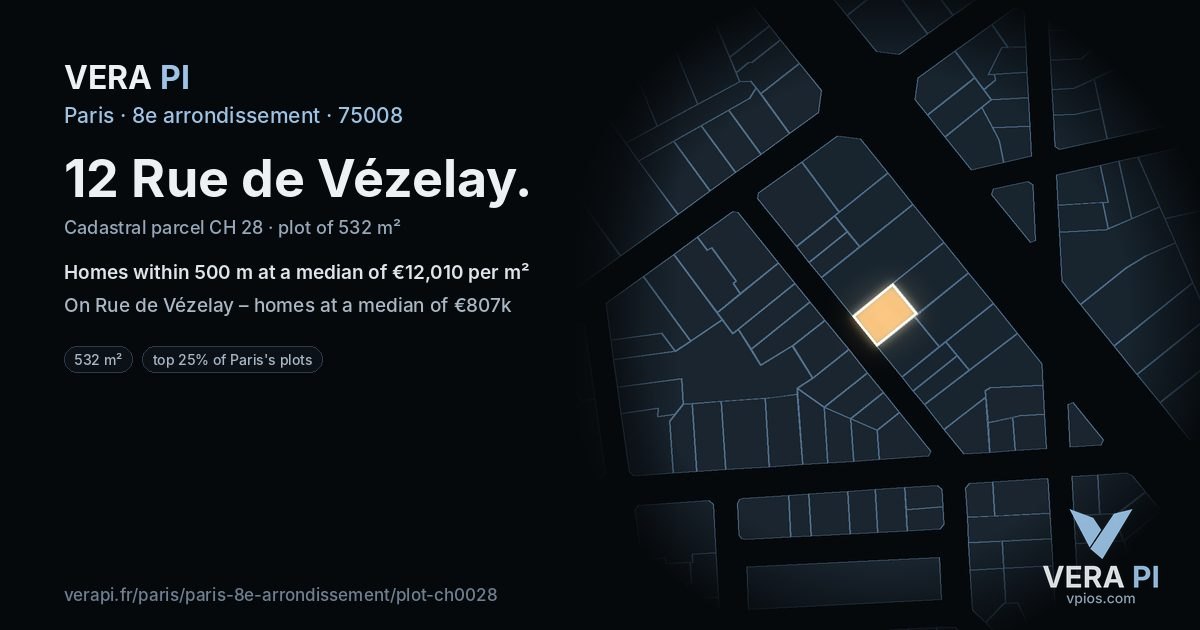 12 Rue de Vézelay, 8e arrondissement at night – the plot lit, the parcels around coloured by the prices near them