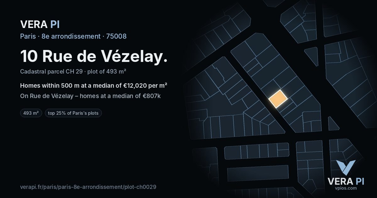 10 Rue de Vézelay, 8e arrondissement at night – the plot lit, the parcels around coloured by the prices near them