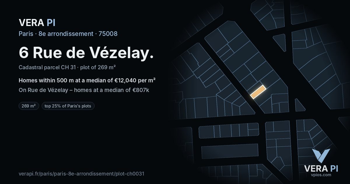 6 Rue de Vézelay, 8e arrondissement at night – the plot lit, the parcels around coloured by the prices near them