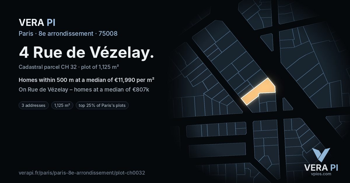 4 Rue de Vézelay, 8e arrondissement at night – the plot lit, the parcels around coloured by the prices near them