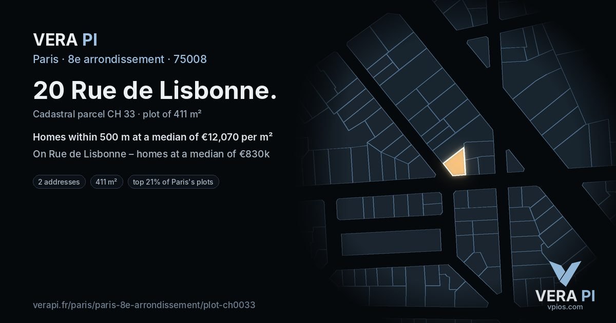 20 Rue de Lisbonne, 8e arrondissement at night – the plot lit, the parcels around coloured by the prices near them