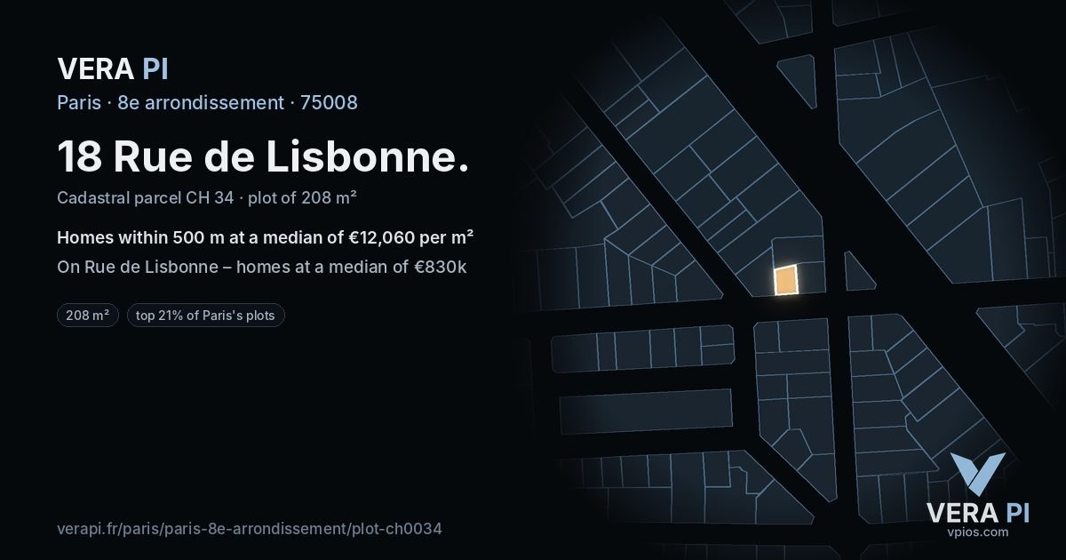 18 Rue de Lisbonne, 8e arrondissement at night – the plot lit, the parcels around coloured by the prices near them