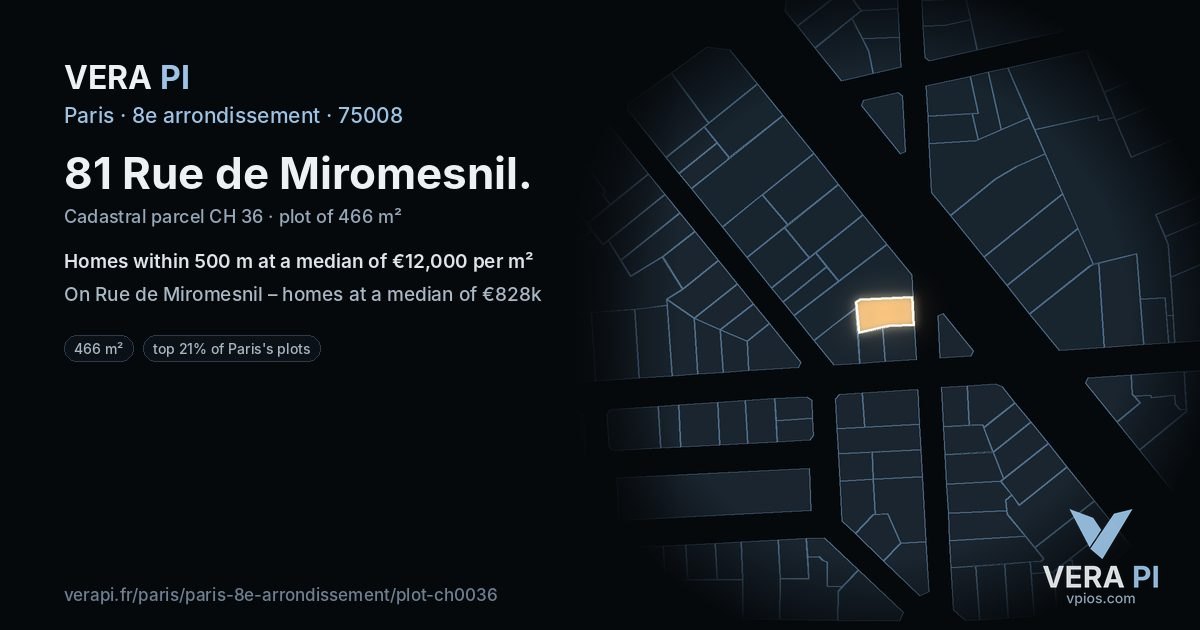 81 Rue de Miromesnil, 8e arrondissement at night – the plot lit, the parcels around coloured by the prices near them