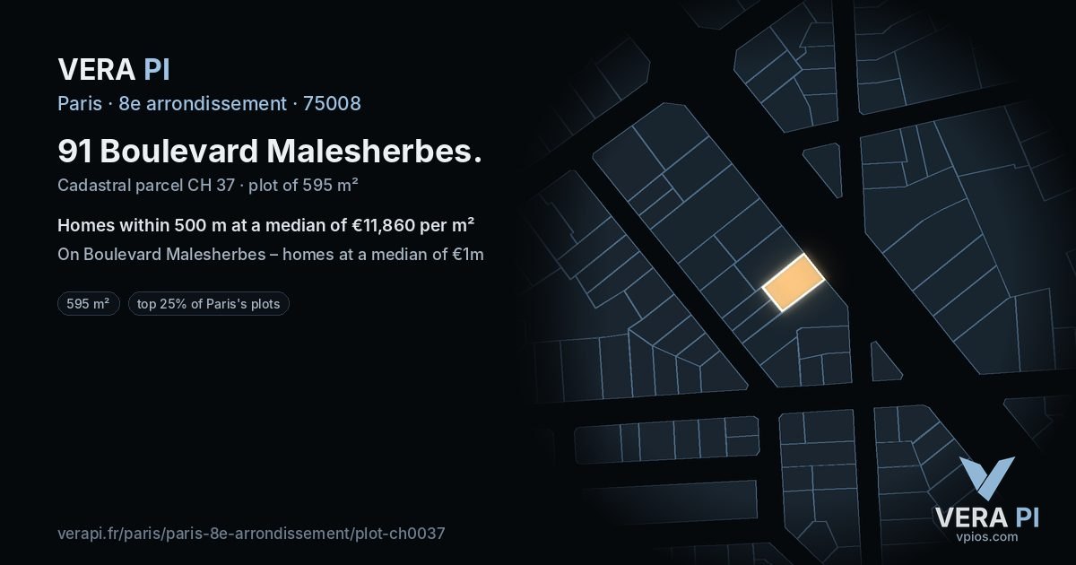 91 Boulevard Malesherbes, 8e arrondissement at night – the plot lit, the parcels around coloured by the prices near them
