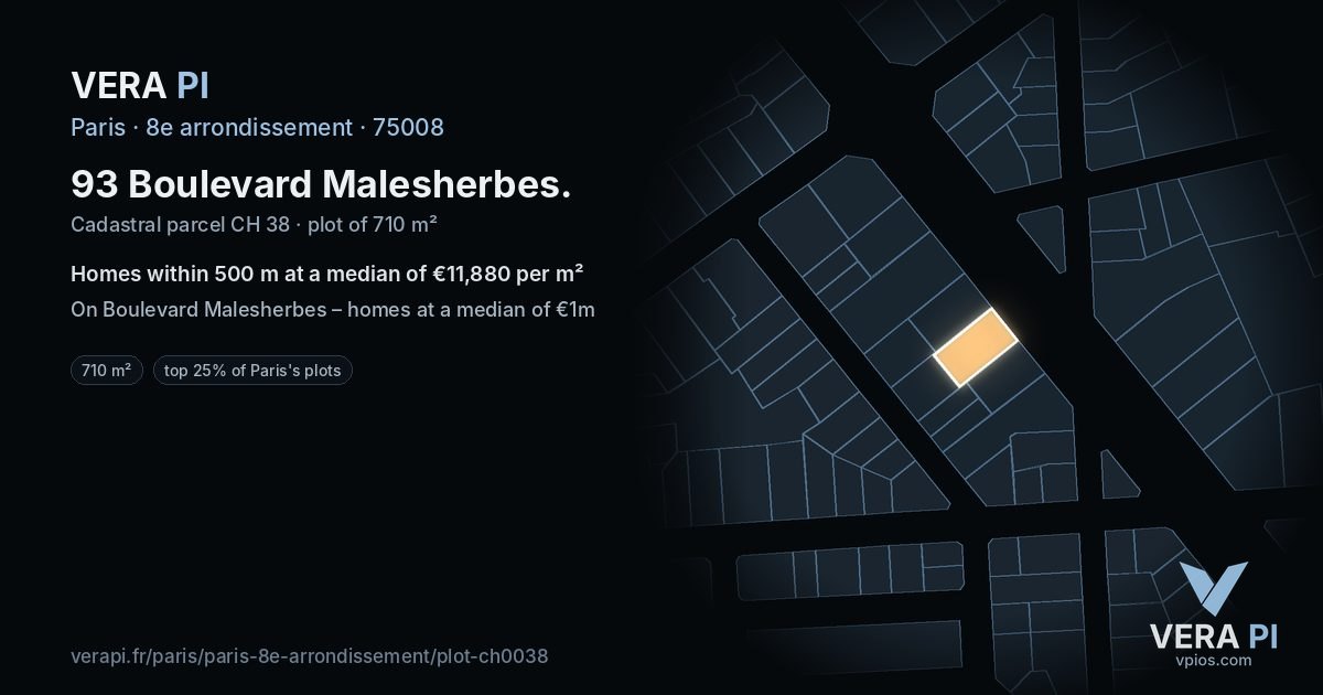 93 Boulevard Malesherbes, 8e arrondissement at night – the plot lit, the parcels around coloured by the prices near them