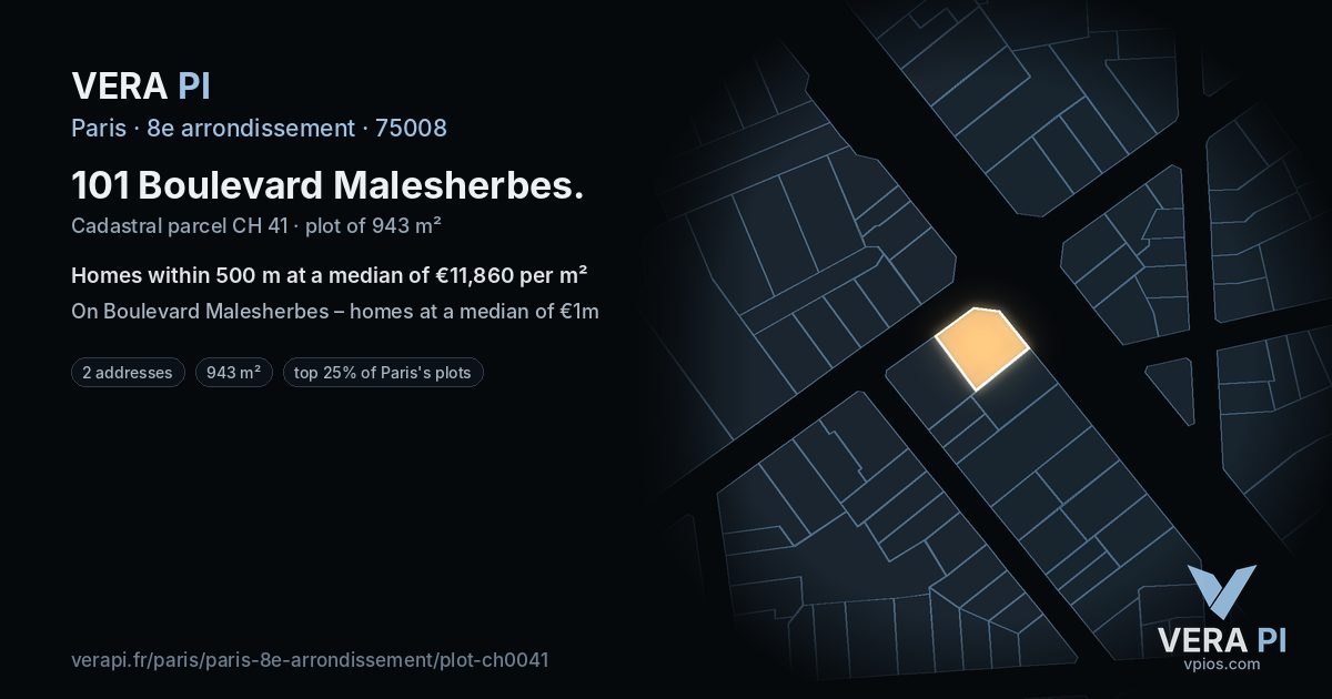 101 Boulevard Malesherbes, 8e arrondissement at night – the plot lit, the parcels around coloured by the prices near them
