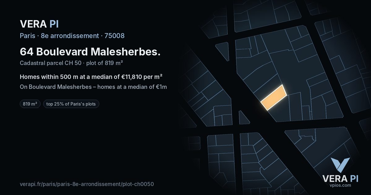 64 Boulevard Malesherbes, 8e arrondissement at night – the plot lit, the parcels around coloured by the prices near them
