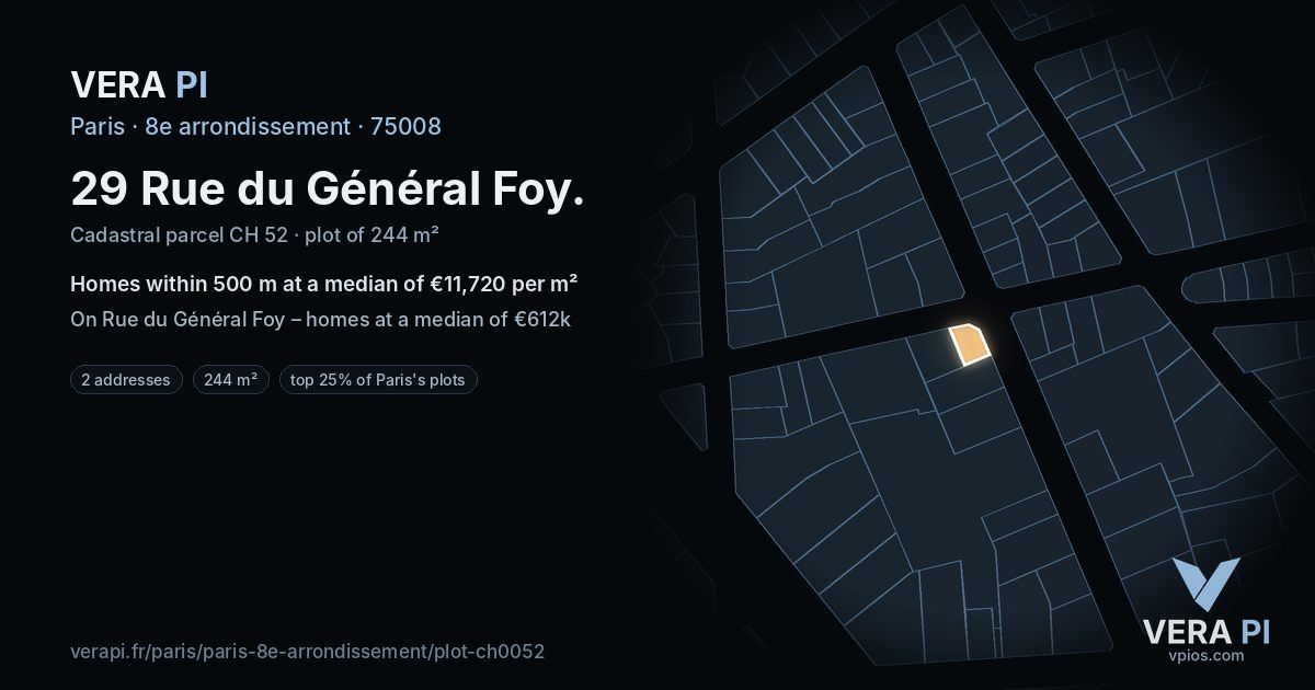 29 Rue du Général Foy, 8e arrondissement at night – the plot lit, the parcels around coloured by the prices near them