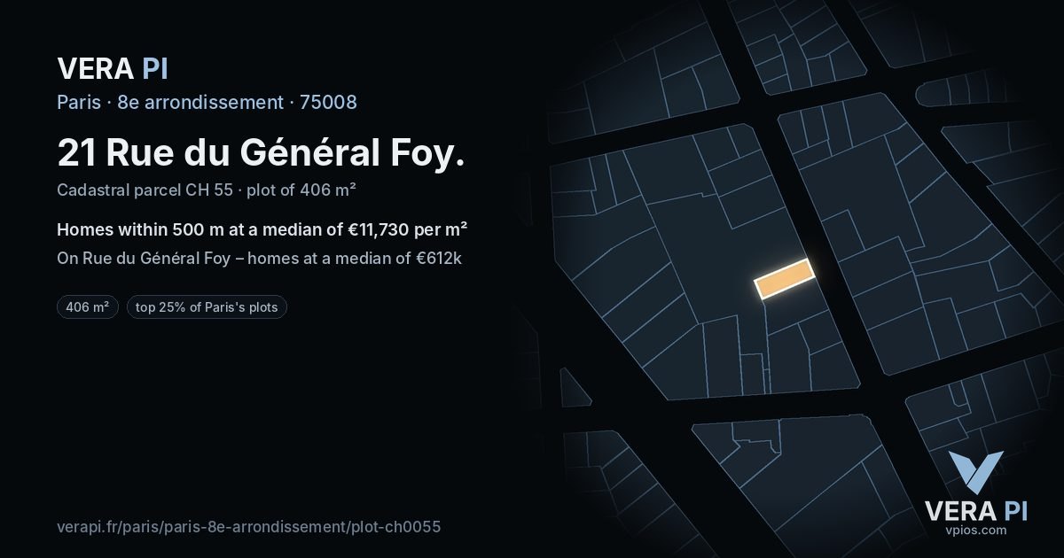 21 Rue du Général Foy, 8e arrondissement at night – the plot lit, the parcels around coloured by the prices near them