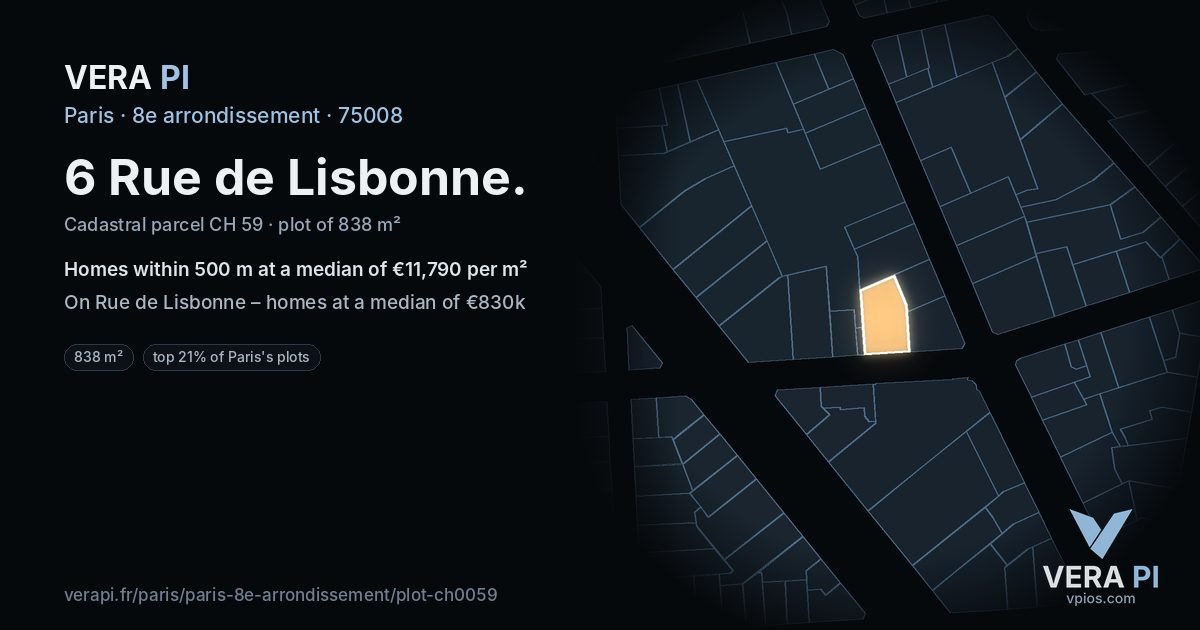 6 Rue de Lisbonne, 8e arrondissement at night – the plot lit, the parcels around coloured by the prices near them
