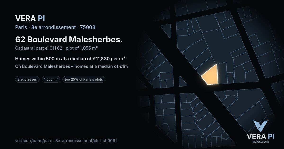 62 Boulevard Malesherbes, 8e arrondissement at night – the plot lit, the parcels around coloured by the prices near them