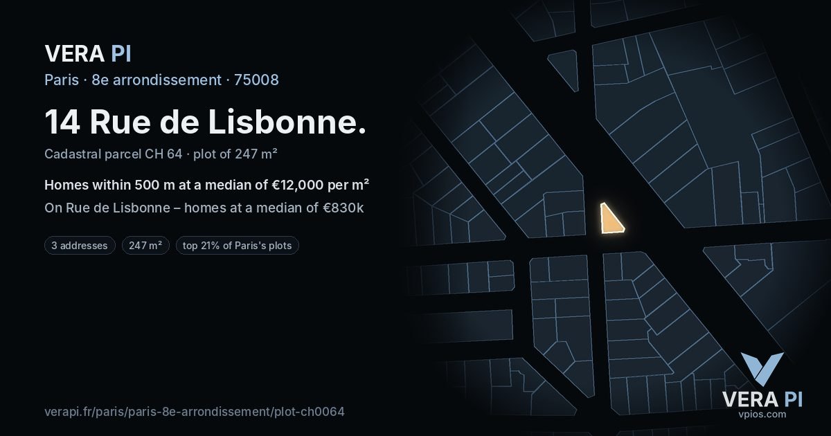 14 Rue de Lisbonne, 8e arrondissement at night – the plot lit, the parcels around coloured by the prices near them