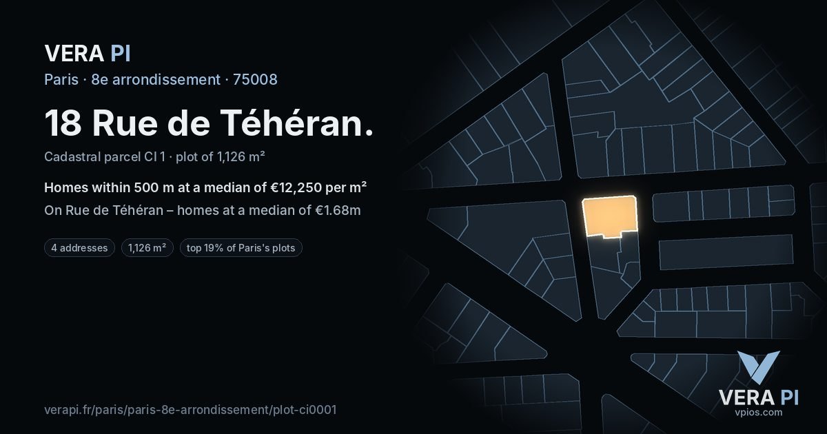 18 Rue de Téhéran, 8e arrondissement at night – the plot lit, the parcels around coloured by the prices near them