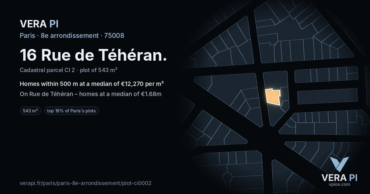 16 Rue de Téhéran, 8e arrondissement at night – the plot lit, the parcels around coloured by the prices near them