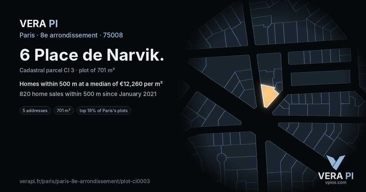 6 Place de Narvik, 8e arrondissement at night – the plot lit, the parcels around coloured by the prices near them